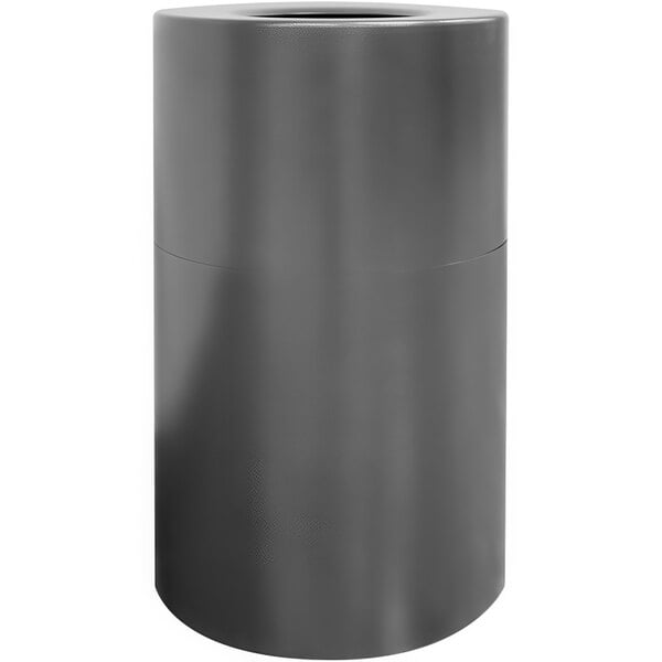 A silver vein cylindrical waste receptacle with a lid on top.