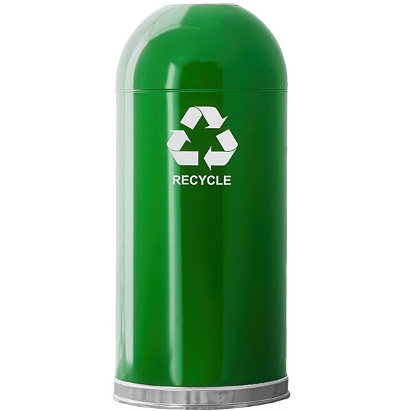 A green steel round indoor recycling bin with white recycle symbol on it.