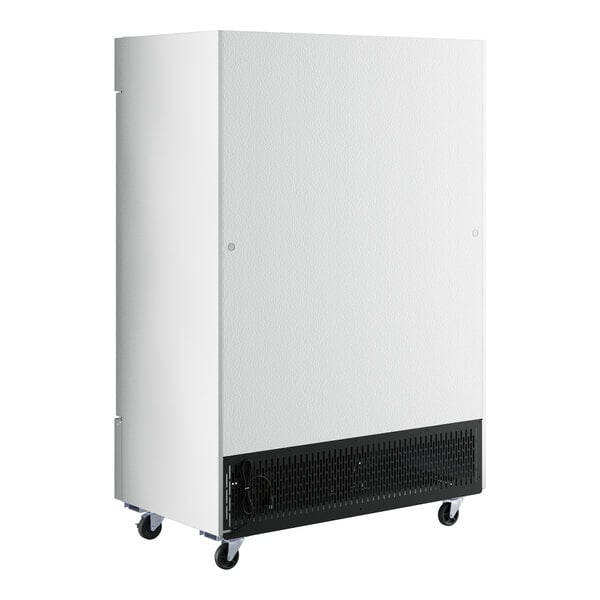 A white rectangular MainStreet Equipment reach-in freezer with wheels.