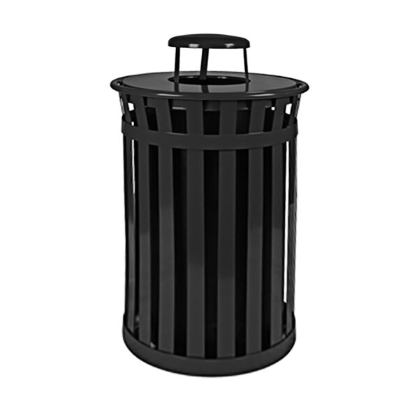 A black metal Witt Industries Oakley outdoor trash can with a rain cap lid.