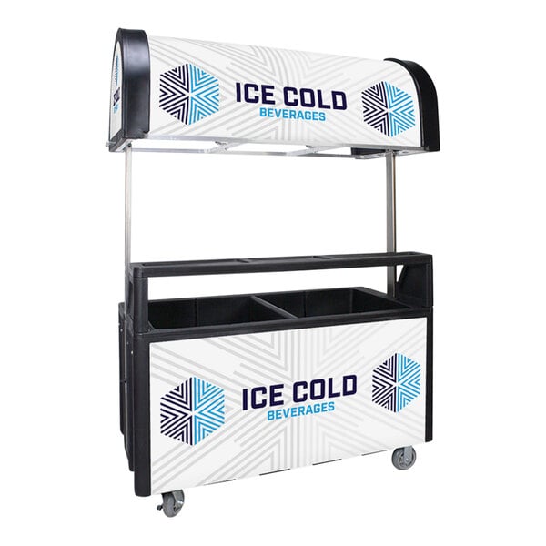 A black and white illuminated concessionaire cart with blue text.
