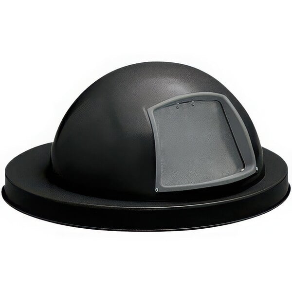 A black steel dome top lid with a push door for a waste receptacle.