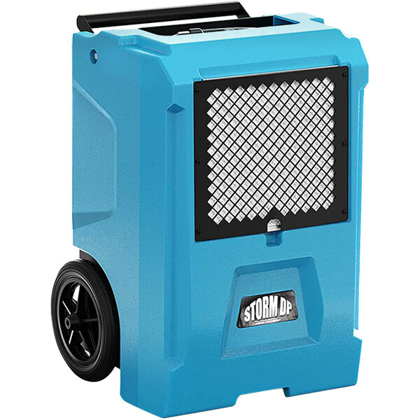 An AlorAir blue commercial dehumidifier with black wheels.