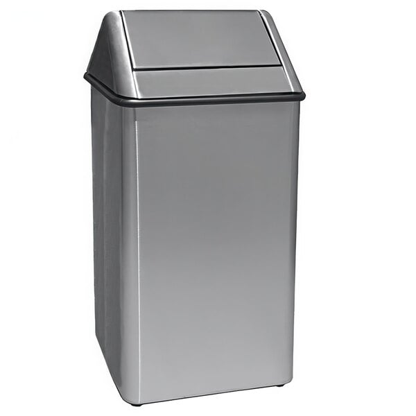 A silver rectangular Witt Industries waste receptacle with a swing top lid.