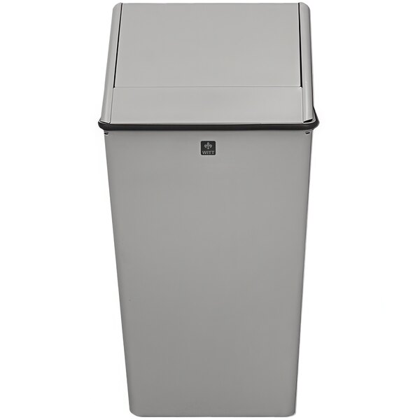 A grey rectangular Witt Industries decorative trash can with swing top lid.