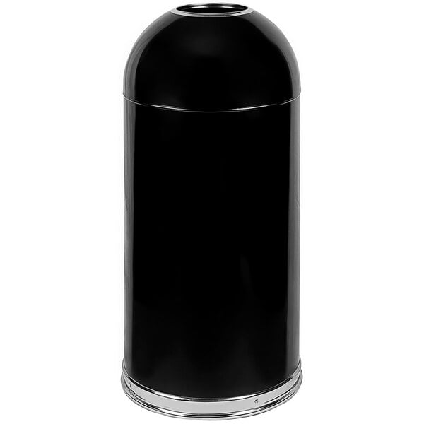 A black cylindrical steel trash can with a silver lid.