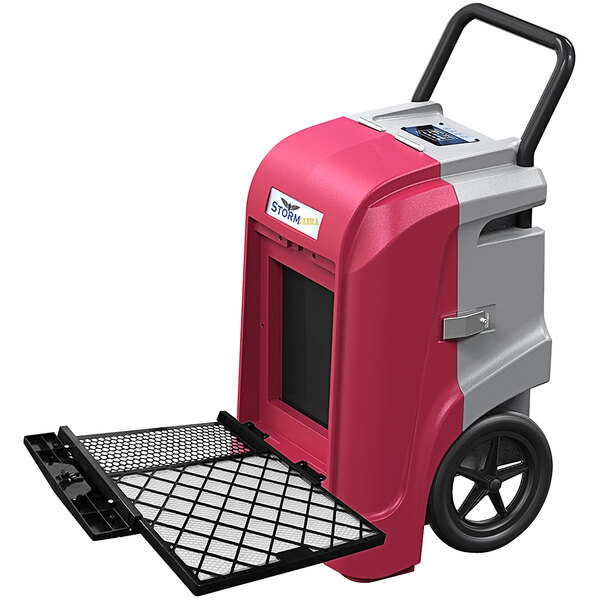 An AlorAir red and grey commercial dehumidifier with a black handle.
