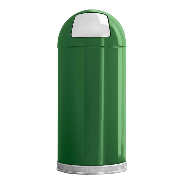 A green trash can with a white lid.