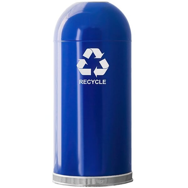 A blue steel Witt Industries recycling bin with a white recycle symbol on it.