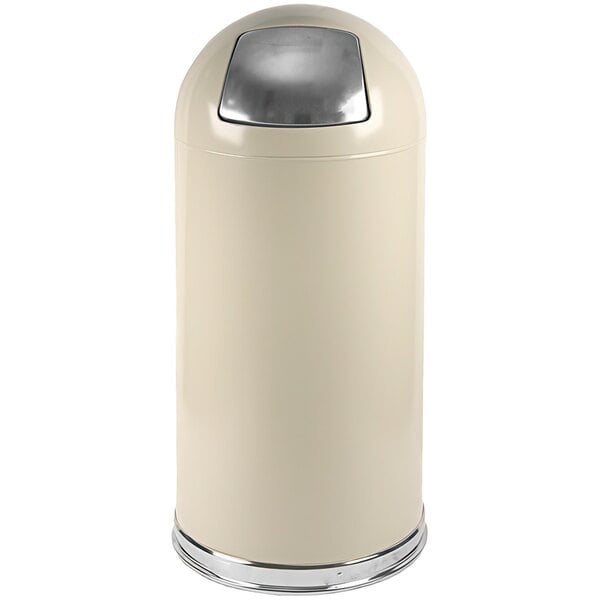 A white steel round waste receptacle with a silver dome lid.