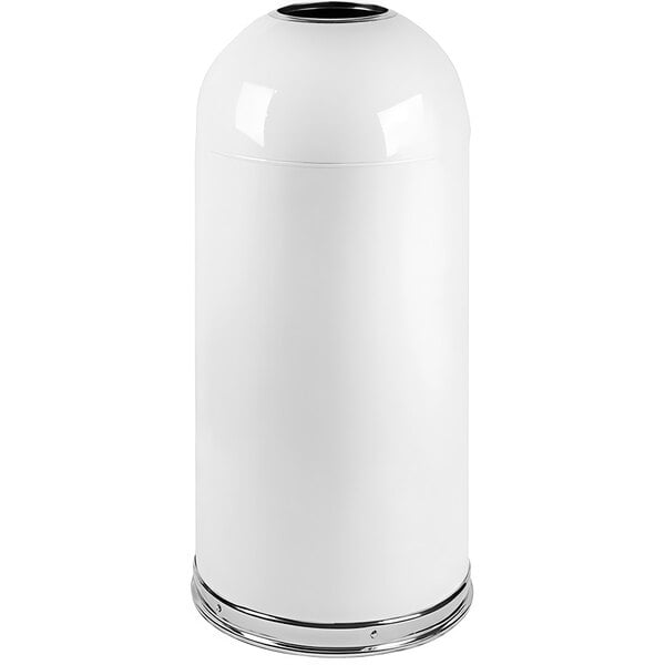 A white cylindrical steel waste receptacle with an open dome lid.
