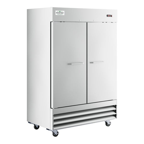 A white MainStreet Equipment reach-in refrigerator with two solid doors.