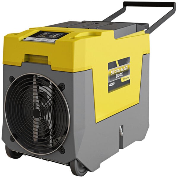 An AlorAir Storm LGR 850X yellow and grey commercial dehumidifier with a fan.