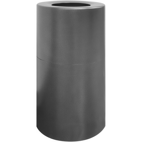 An aluminum silver vein round indoor decorative trash can with a lid.