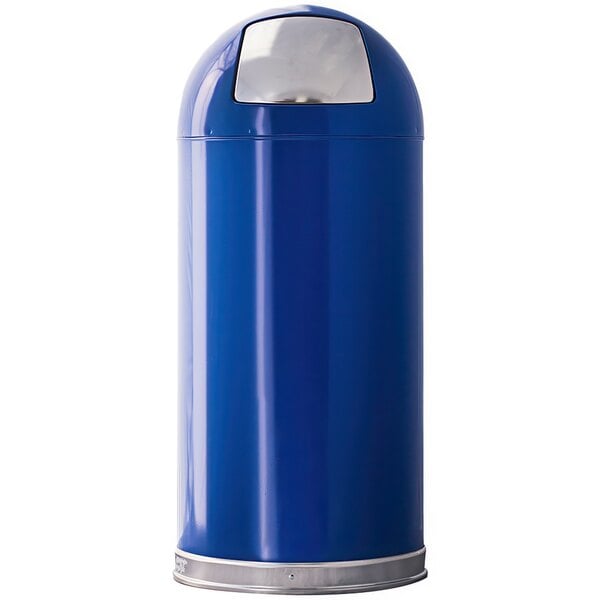 A Witt Industries blue steel round decorative waste receptacle with a blue dome lid.