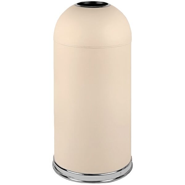 A beige cylindrical steel trash can with a silver rim and open dome lid.