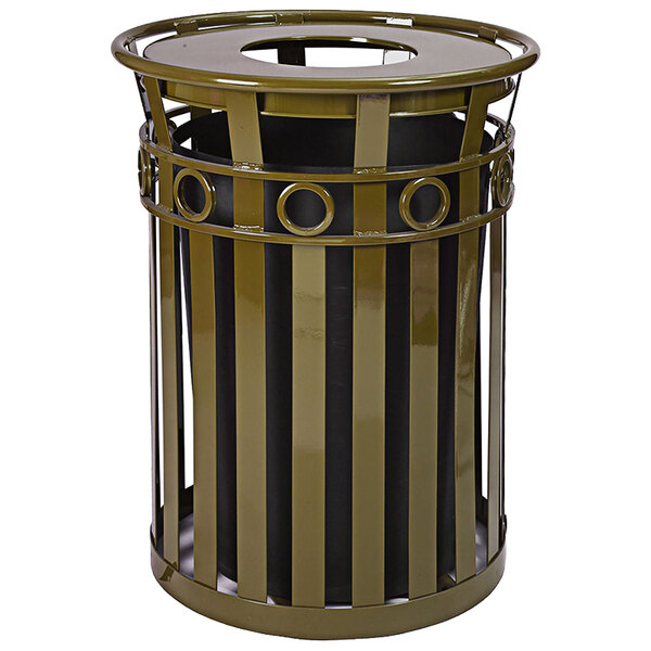 A brown metal trash can with a black flat top lid.
