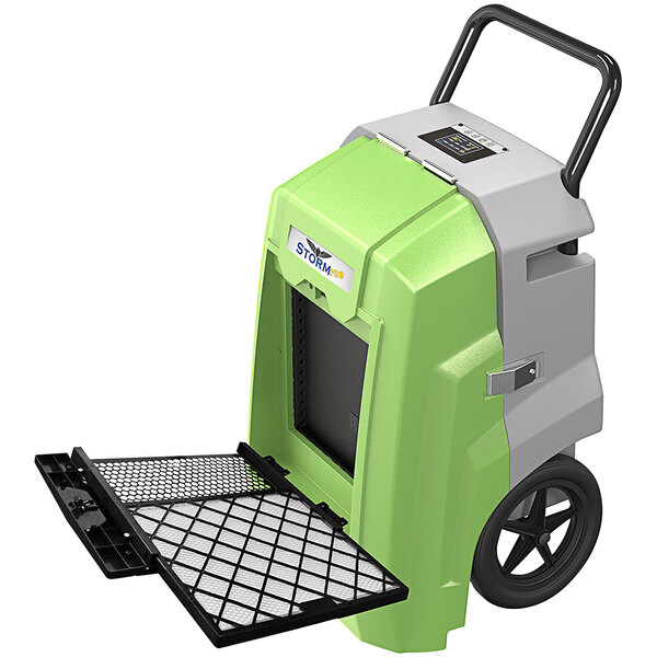 An AlorAir Storm Pro 85 green and grey dehumidifier with a black handle.