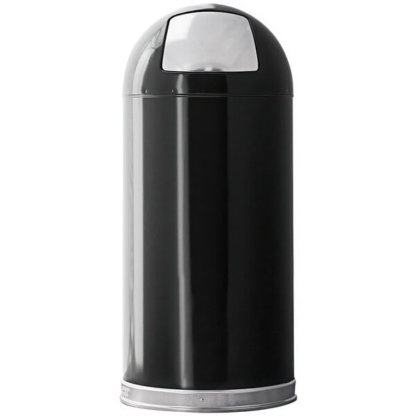 A black steel round decorative trash can with a dome lid.
