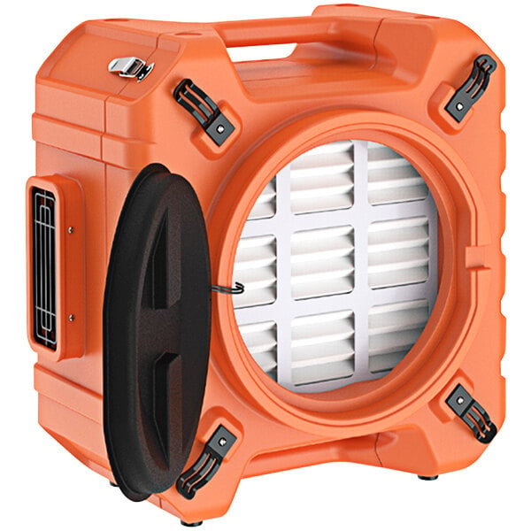 An orange AlorAir industrial air scrubber with a black filter and vent.