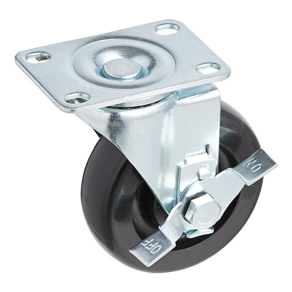 A black Avantco swivel caster with silver metal wheels.