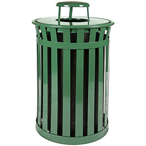 A green steel round outdoor waste receptacle with a black rain cap lid.