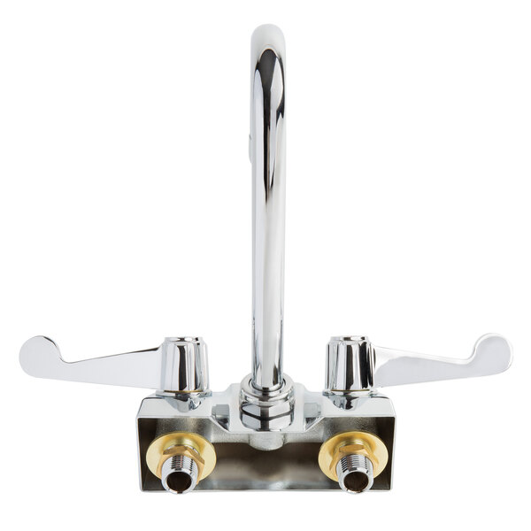 A chrome Equip by T&S wall mounted faucet with gooseneck spout and wrist handles.