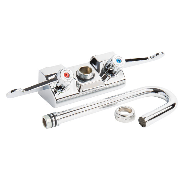A chrome Equip by T&S wall mount faucet with 2 gooseneck spouts and wrist handles.