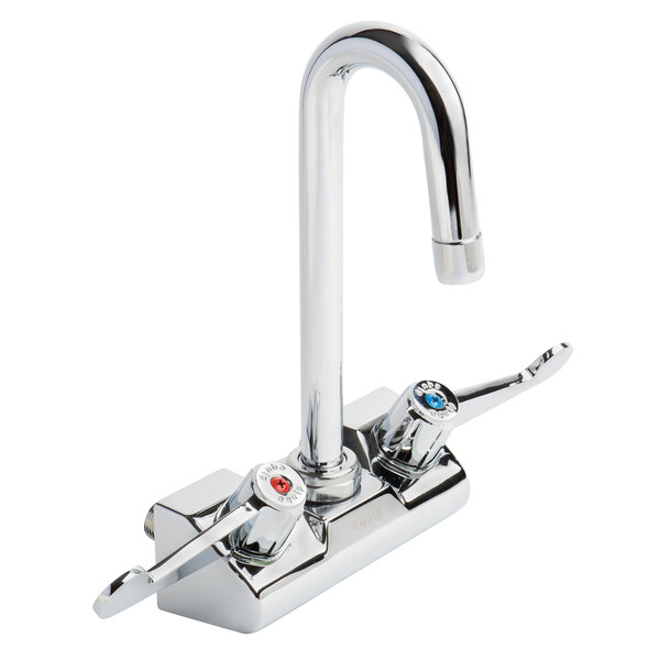 A chrome Equip by T&amp;S wall mount faucet with 2 wrist handles and a gooseneck spout.
