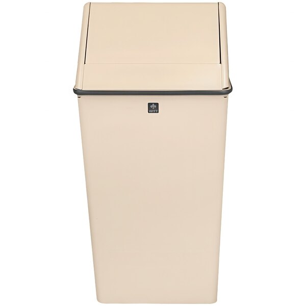 A tan rectangular Witt Industries 13 gallon steel trash can with a swing top lid.