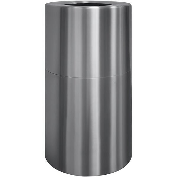 A silver aluminum cylindrical waste receptacle with a clear finish and a black top.