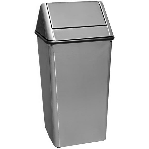 A Witt Industries stainless steel trash can with a swing top lid.