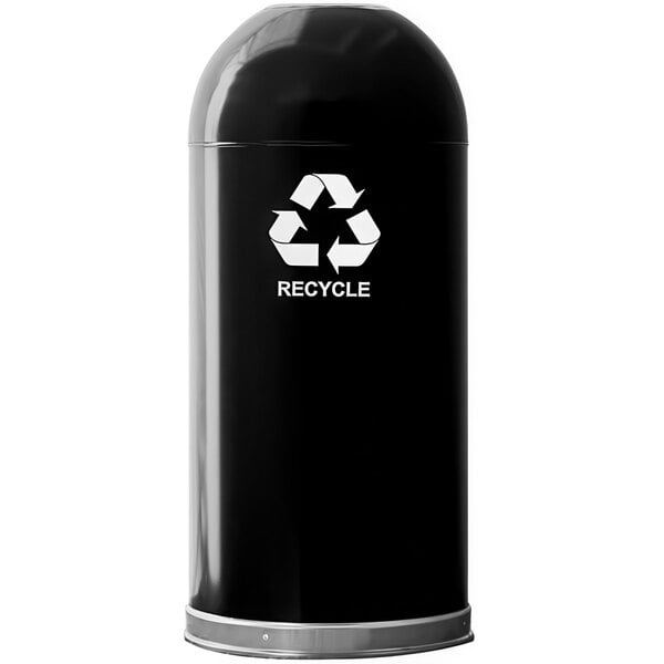 A black steel round recycling receptacle with a white recycle symbol on the lid.