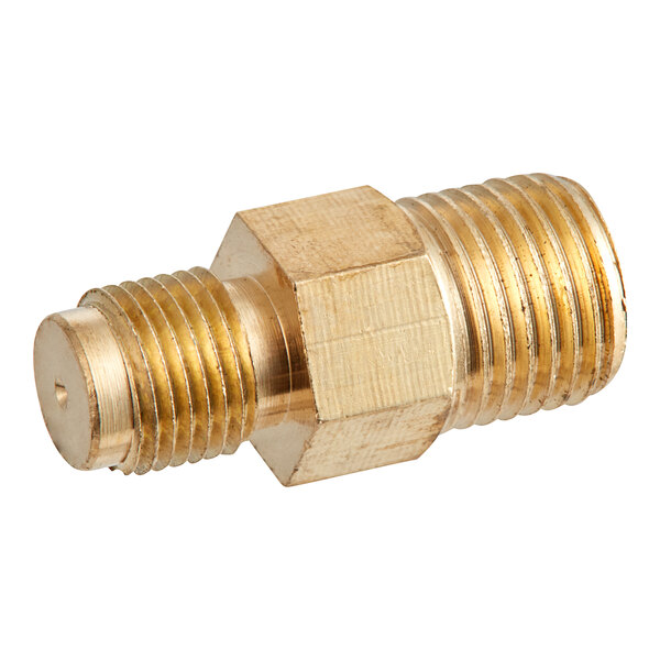 A close-up of a brass threaded male fitting.