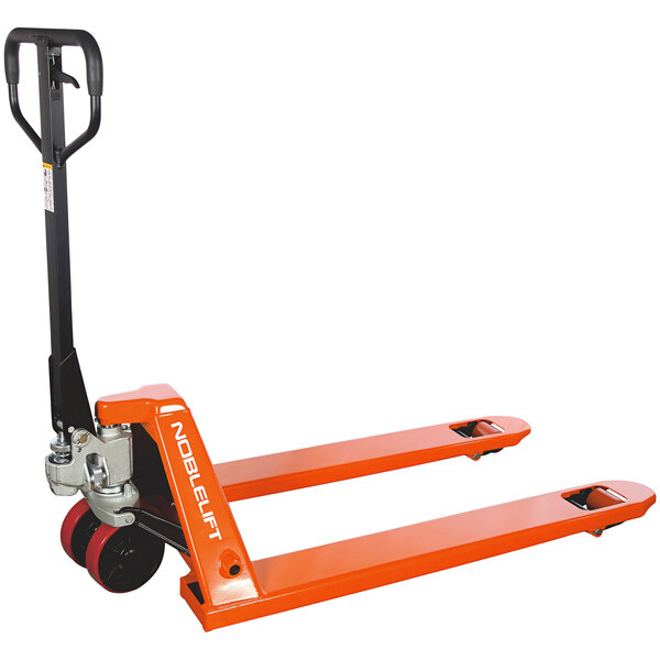 An orange and black Noblelift hand pallet truck.