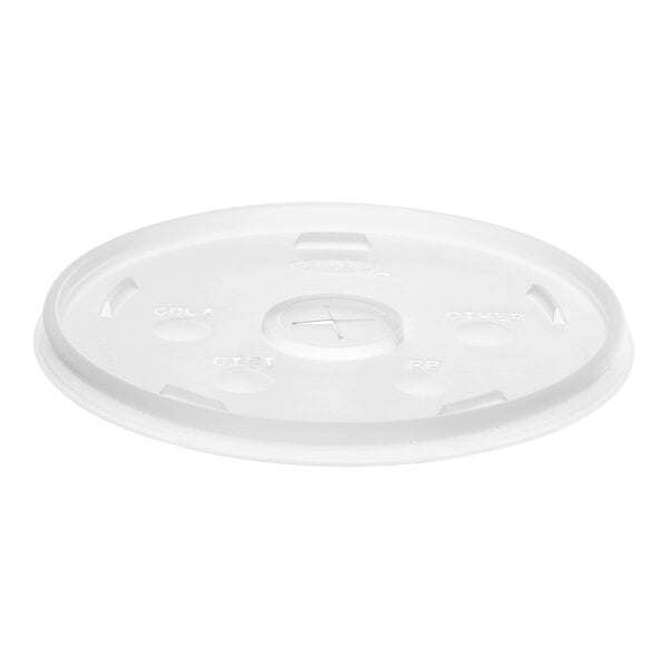 A Dart translucent white plastic lid with a straw slot.