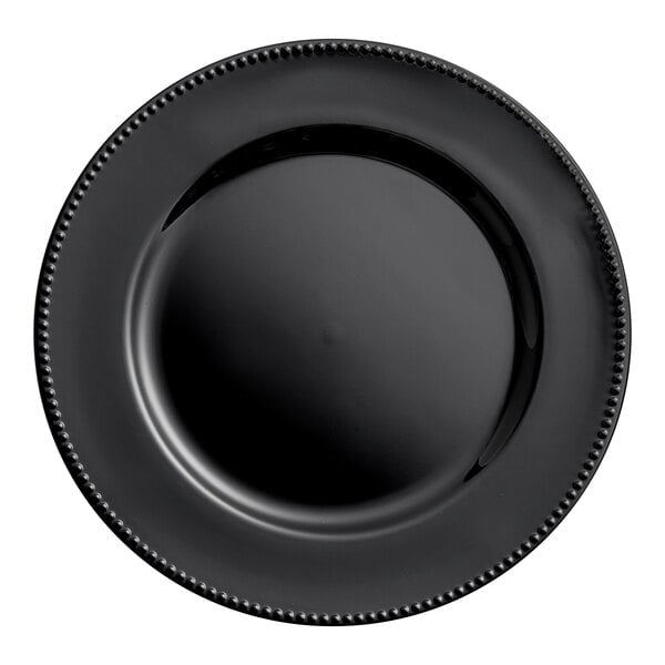 A close-up of a black Choice plastic charger plate with beaded rim.