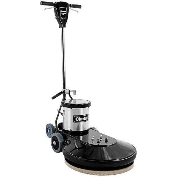 A Clarke floor burnishing machine with a black and silver base and wheels.