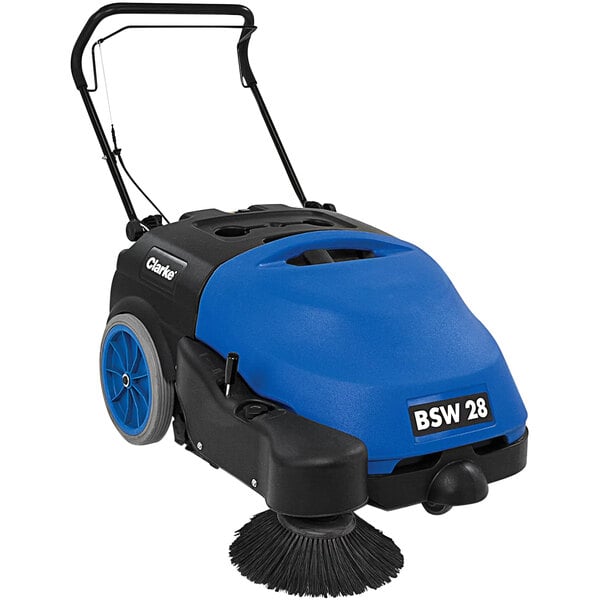 A blue and black Clarke walk behind sweeper with a broom.