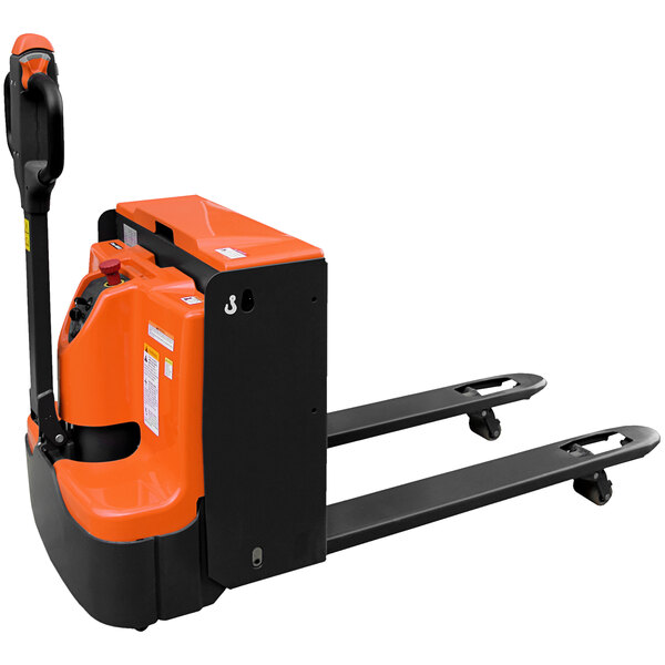 An orange and black Noblelift electric pallet jack with lithium-ion battery.
