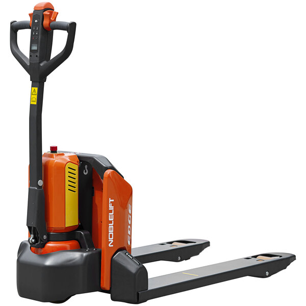 A black and orange Noblelift electric pallet jack with a lithium-ion battery.