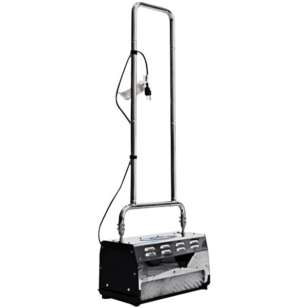 A white Mytee Carpet Shark corded counter rotating brush floor sweeper machine with a handle.