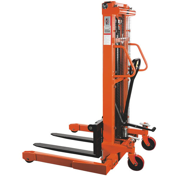 A Noblelift manual hydraulic stacker with black and orange wheels.