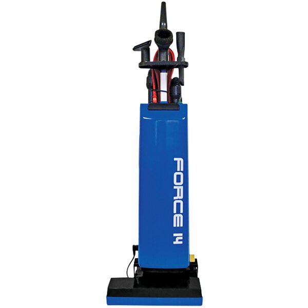 A blue and black Sandia upright vacuum cleaner.