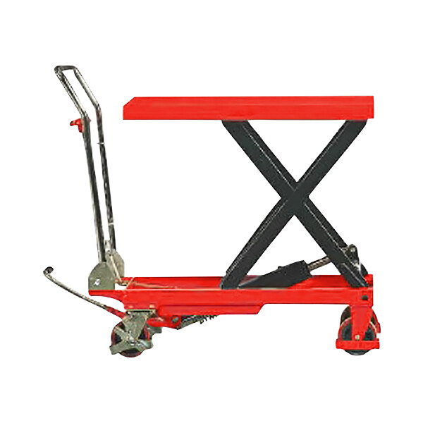 A red and black lift with a handle bar.