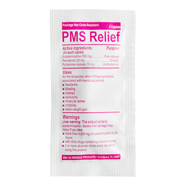 A white Medi-First packet with pink text containing PMS relief caplets.
