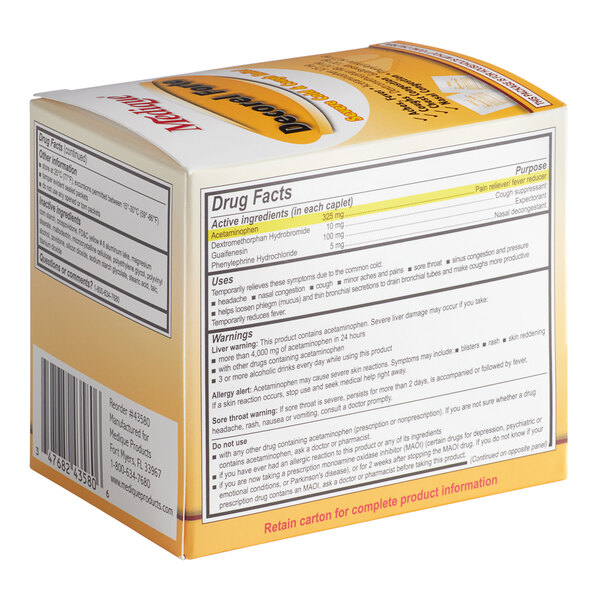 A yellow box of Medique Decorel Forte Cough and Cold Relief Caplets with black and white text.