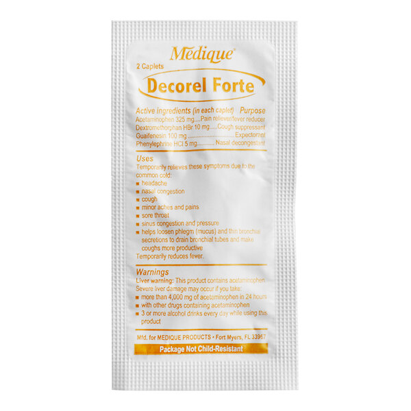 A white and orange box of Medique Decorel Forte Caplets with yellow text.