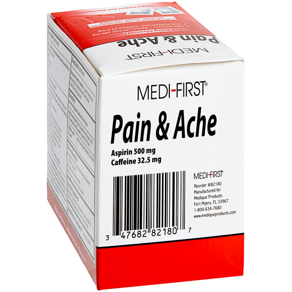 A white Medi-First box of Pain and Ache Caplets with red and black text.
