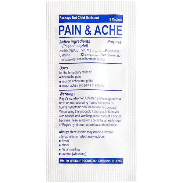 A white Medi-First packet with blue text for Medi-First Pain and Ache Caplets.